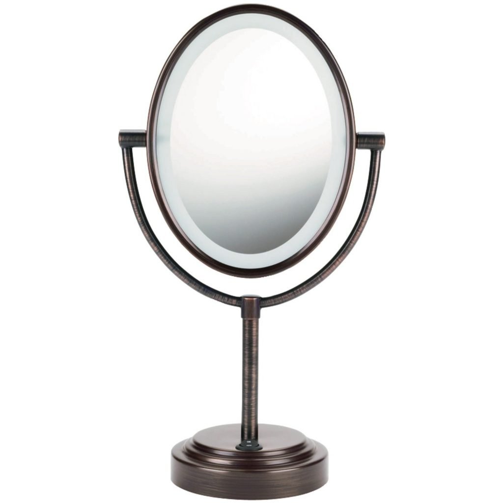 This Conair Oval Magnifying Makeup Mirror in Oil Rubbed Bronze swivels and even has an electric light. It's so pretty on your counter. <a href="http://amzn.to/2bCB7W2" target="_blank" rel="nofollow noopener">Sells for around $29.99 on Amazon</a>.