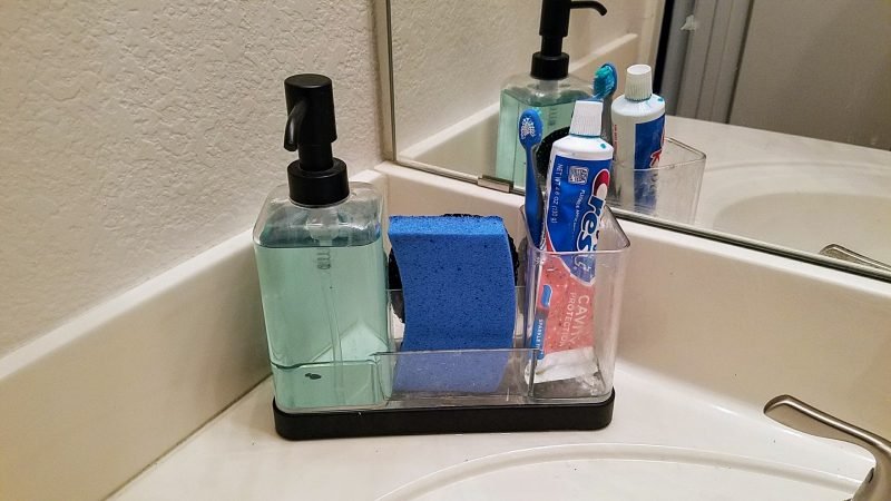 A sponge caddy is a lifesaver in the bathroom. You can use it in the kitchen too!